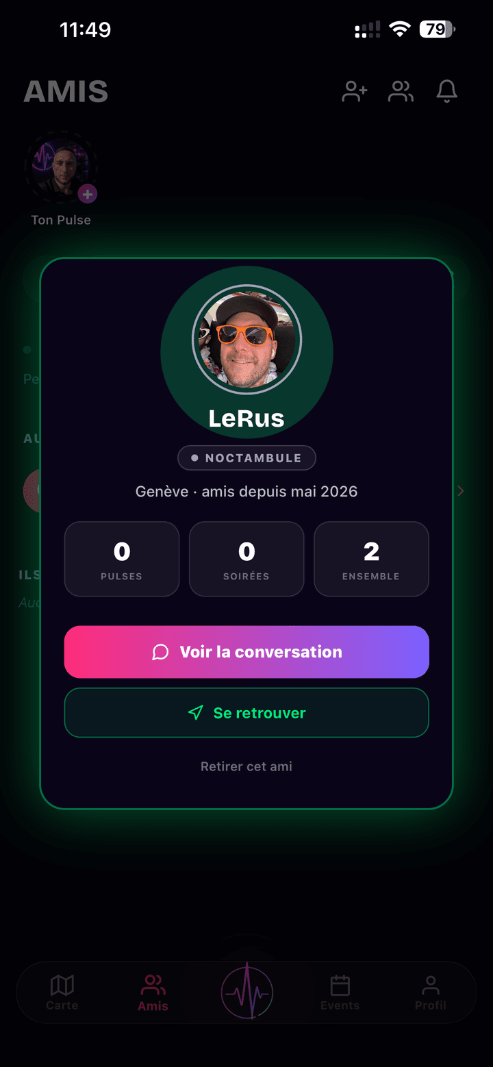 Fiche d'un ami sur NoctiPulse : profil Noctambule, « Voir la conversation » et « Se retrouver » pour poser un RDV géolocalisé