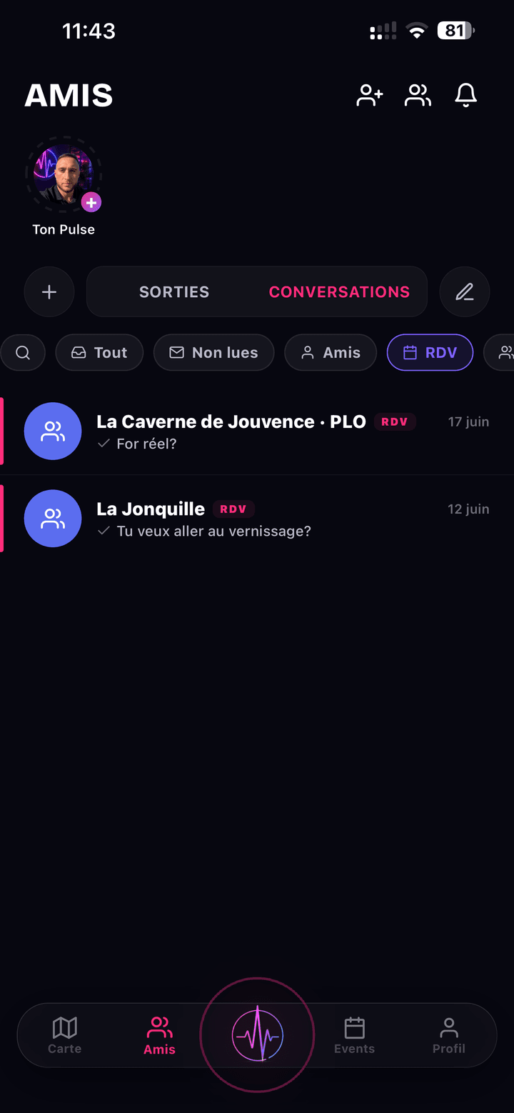 Onglet Amis de NoctiPulse : « Ton Pulse », onglets Sorties / Conversations, filtre RDV et fils de discussion du cercle