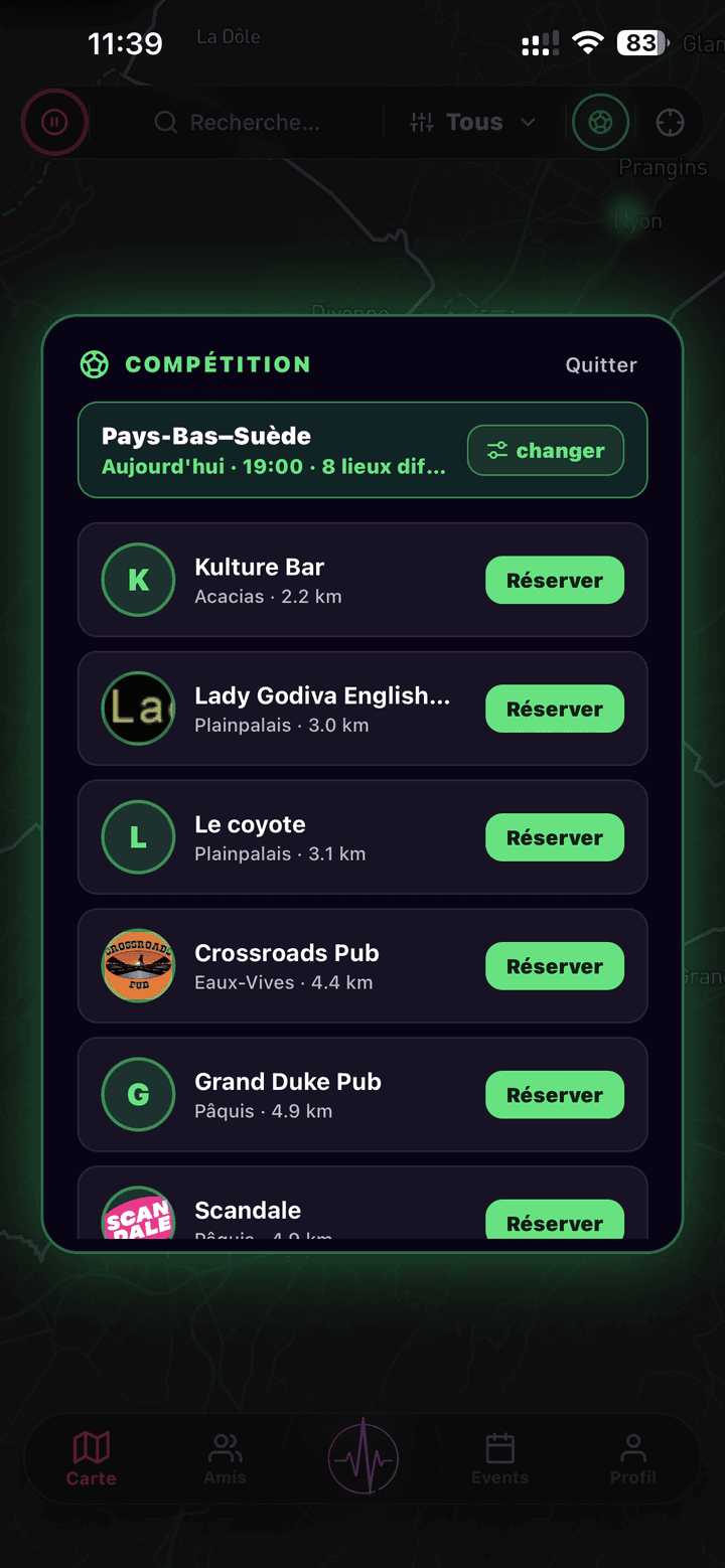 Carte NoctiPulse en Mode Compétition : ruban vert « Pays-Bas – Suède » et liste des lieux qui diffusent avec bouton Réserver