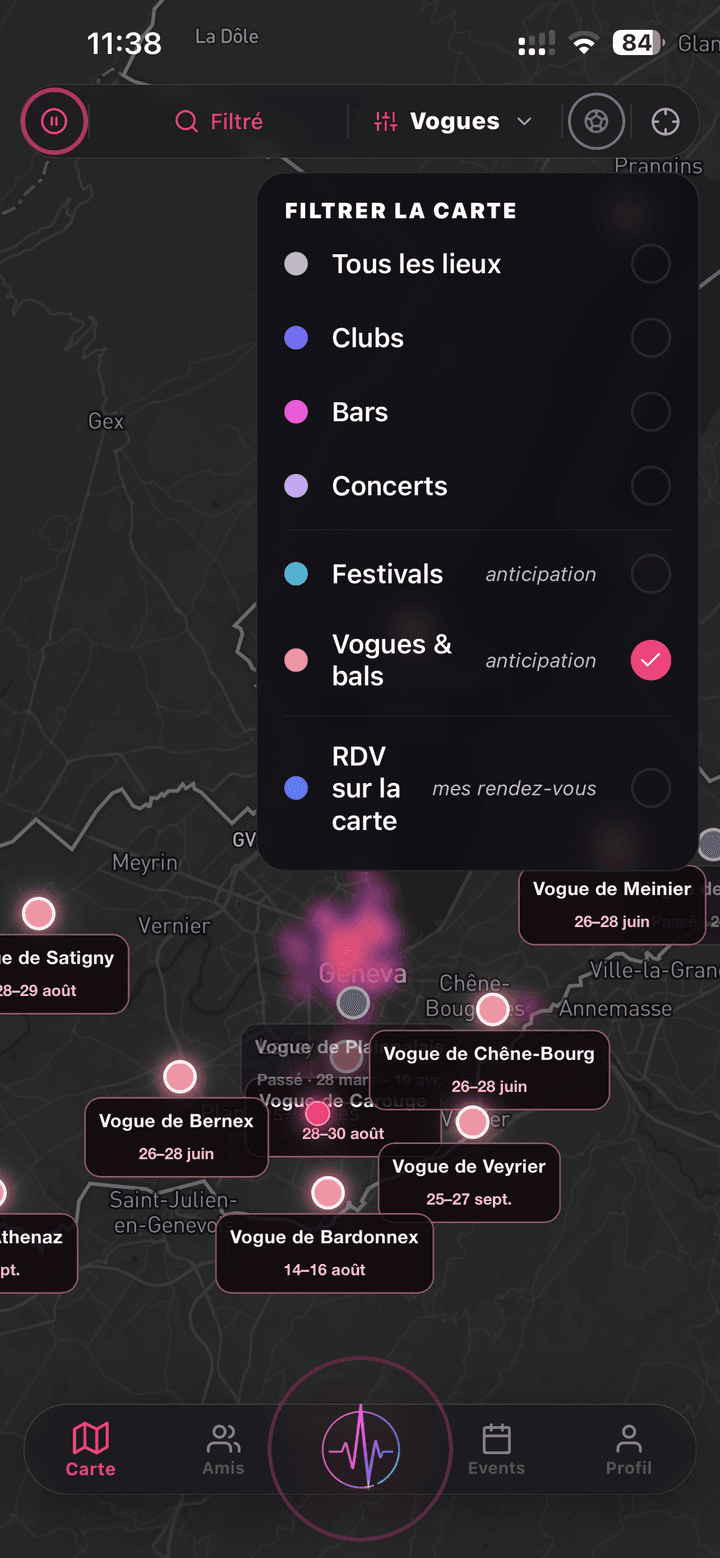 Carte NoctiPulse en mode Festivals : pins des festivals et vogues à venir sur la région de Genève, bandeau anticipation