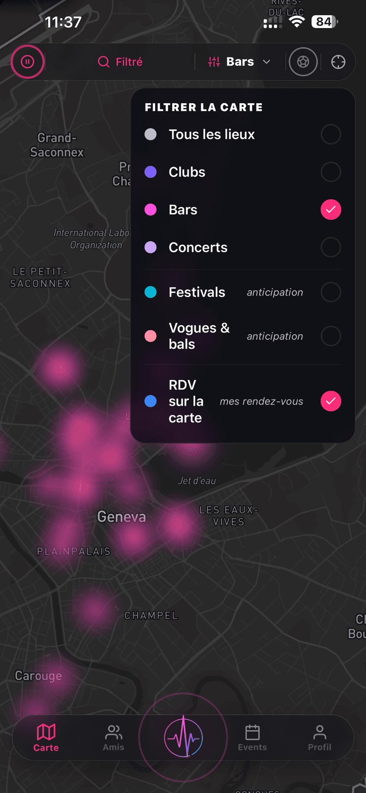 Panneau Filtrer la carte de NoctiPulse sur la heatmap de Genève : options Tous les lieux, Clubs, Bars, Concerts, Festivals, Vogues & bals, RDV sur la carte avec Bars sélectionné