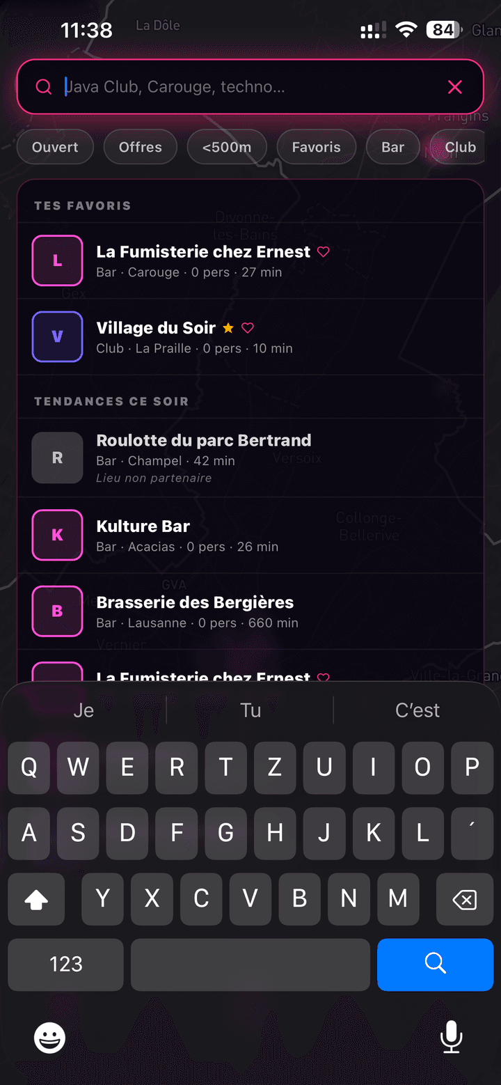 Recherche et filtres de la carte NoctiPulse : Ouvert, Offres, <500m, Favoris, Bar, Club — tendances du soir