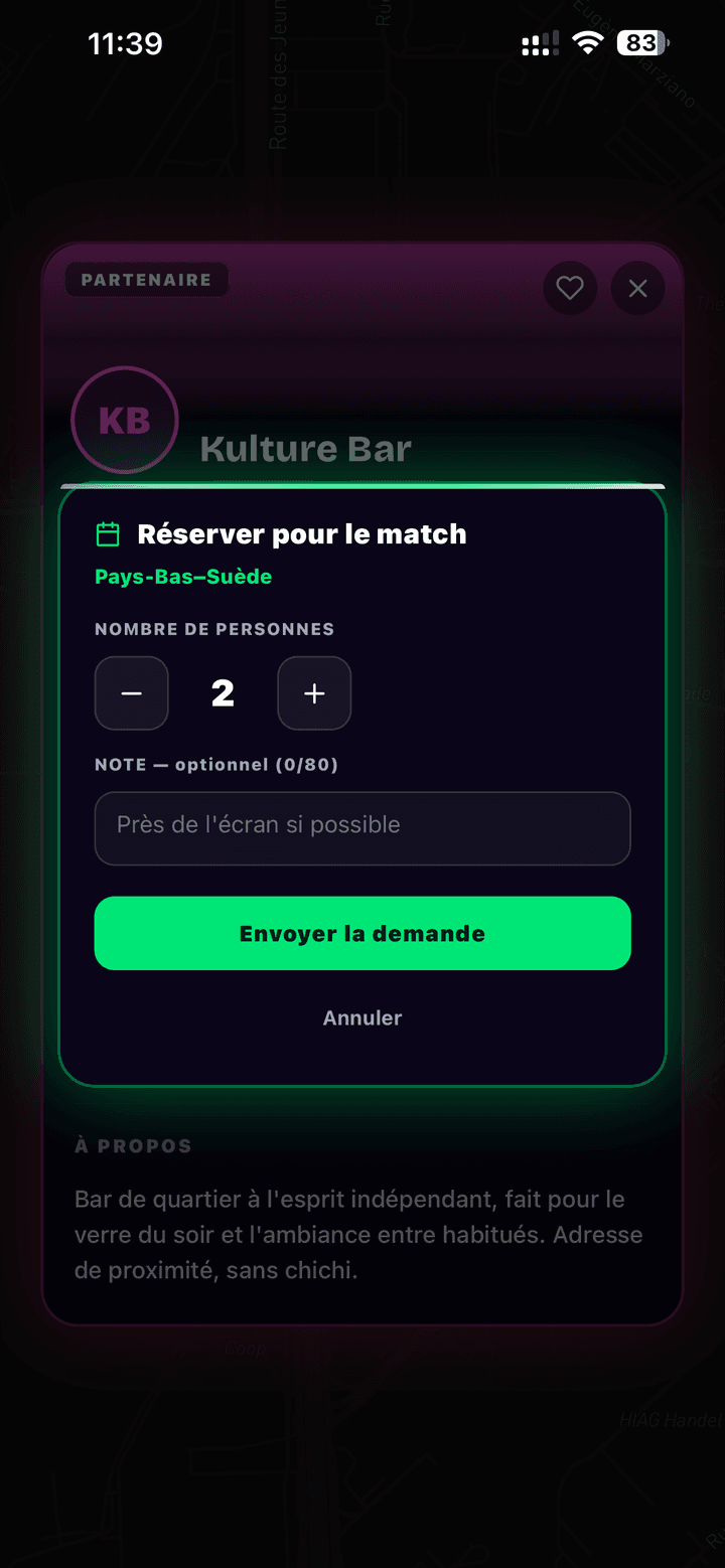 Écran de réservation NoctiPulse en vert : réserver pour le match Pays-Bas–Suède au Kulture Bar, sélecteur de 2 personnes, note optionnelle et bouton Envoyer la demande