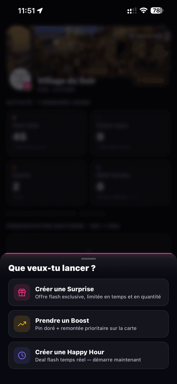 Établissement NoctiPulse : feuille « Que veux-tu lancer ? » — Créer une Surprise, Prendre un Boost ou lancer une Happy Hour