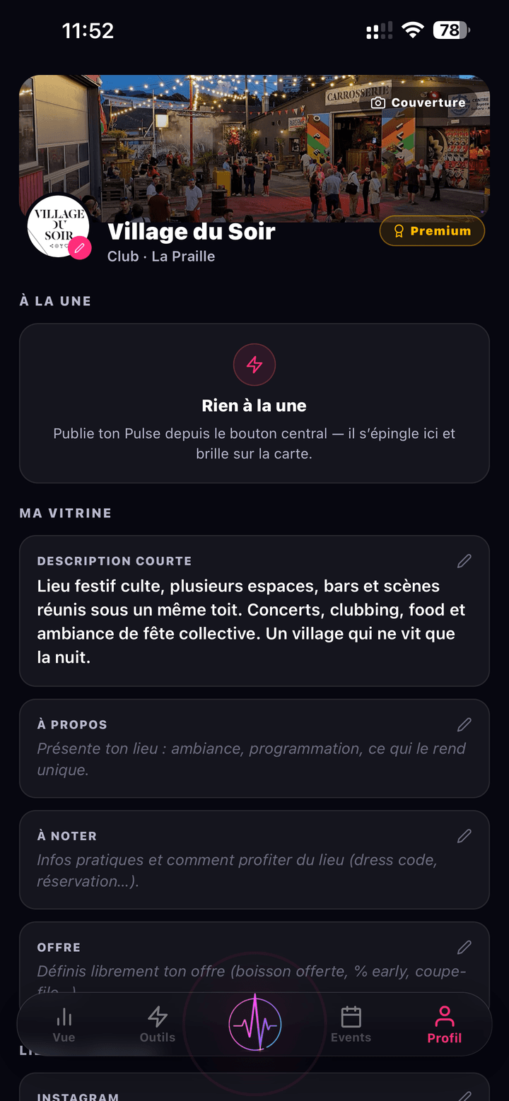 Espace établissement NoctiPulse « Ma vitrine » : description courte, à-propos, offre et lien Instagram du lieu, Pulse à la une
