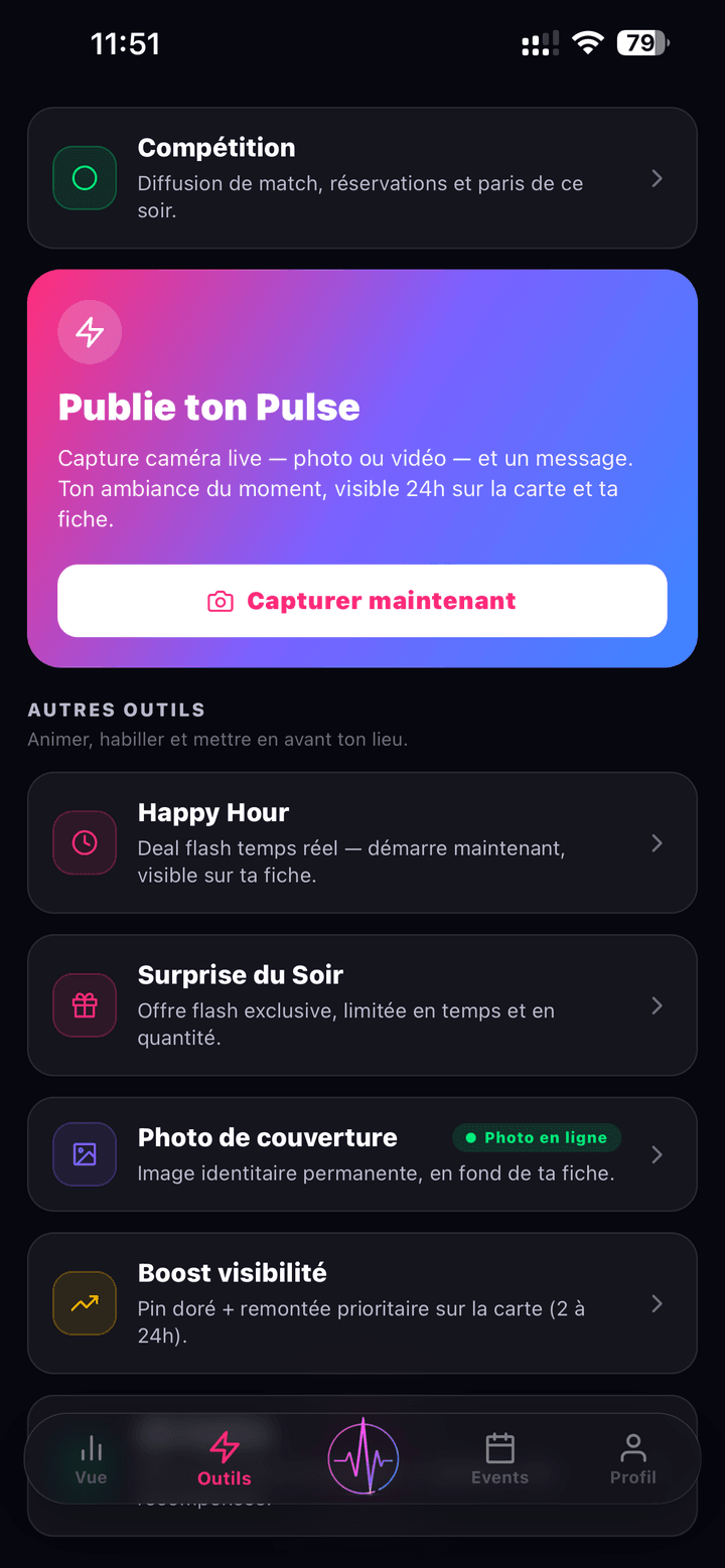 Outils établissement NoctiPulse : « Publie ton Pulse » plus Happy Hour, Surprise du Soir, Photo de couverture et Boost visibilité