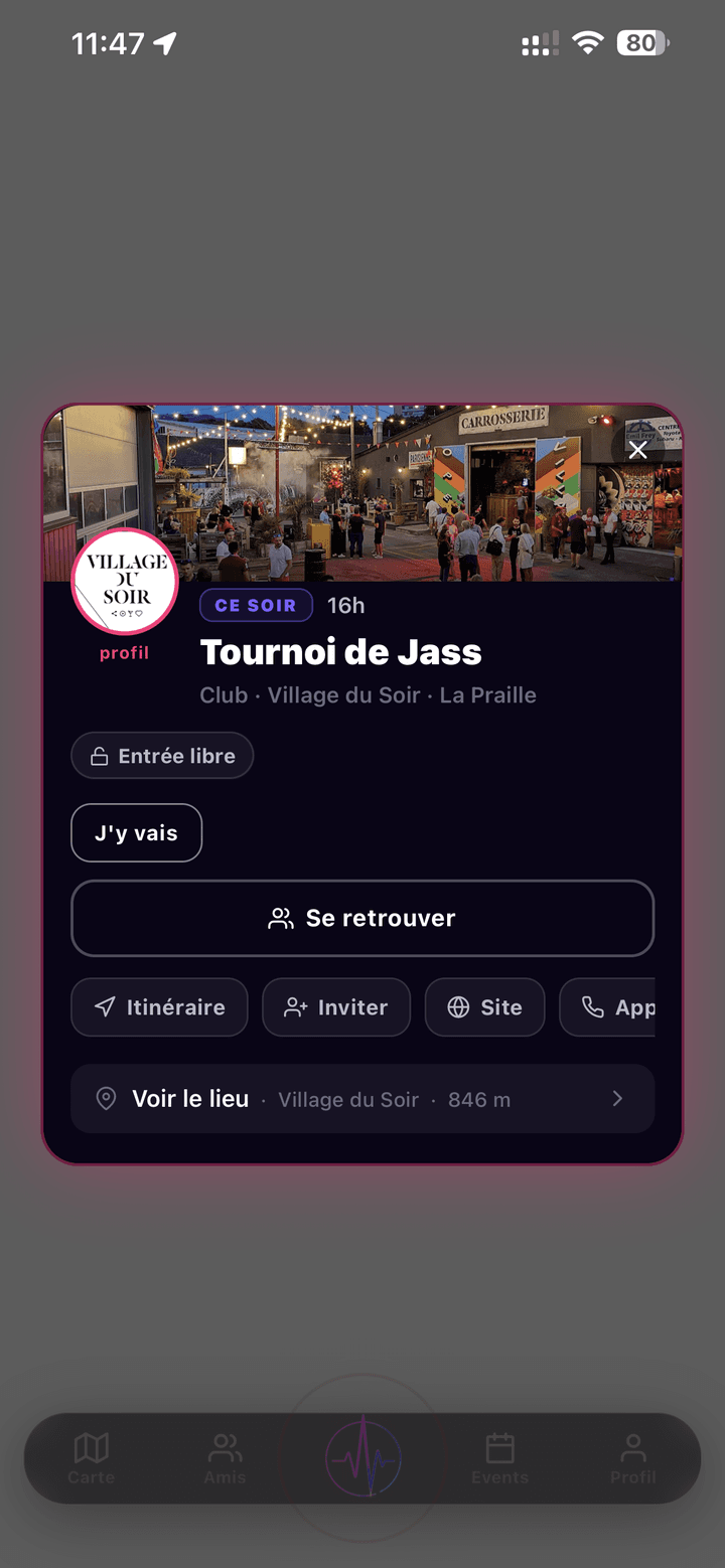 Fiche d'event NoctiPulse : Tournoi de Jass au Village du Soir ce soir 16h, entrée libre, boutons J'y vais, Se retrouver, Itinéraire, Inviter et Voir le lieu