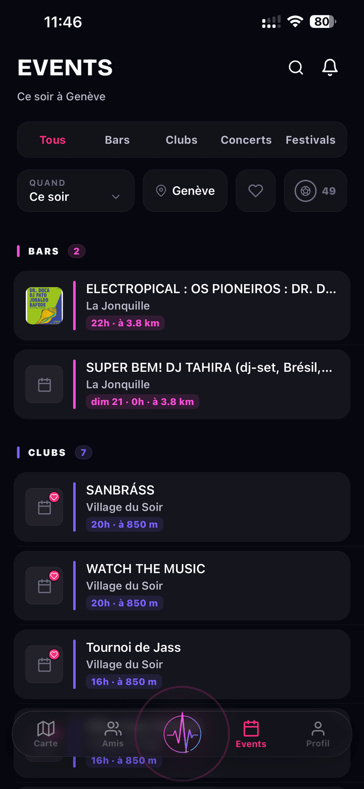 Onglet Events de NoctiPulse : EVENTS ce soir à Genève, filtres Tous / Bars / Clubs / Concerts / Festivals et liste d'événements du soir avec distances