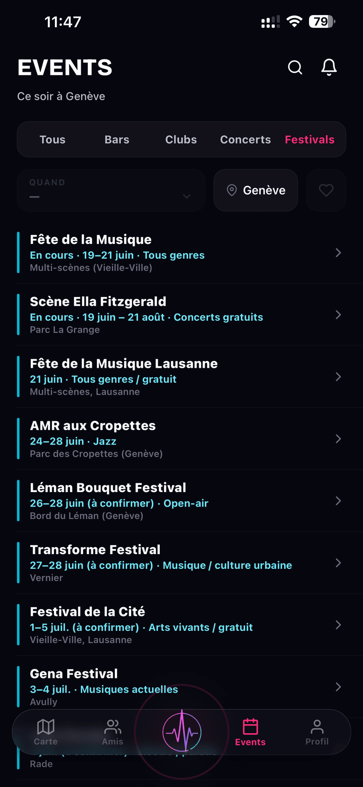 Onglet Events de NoctiPulse : Fête de la Musique, festivals et concerts à venir à Genève et Lausanne, filtres Bars / Clubs / Concerts / Festivals