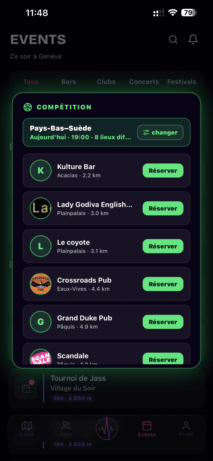 Onglet Events de NoctiPulse avec le ruban vert Mode Compétition « Pays-Bas – Suède » et les lieux qui diffusent près de toi