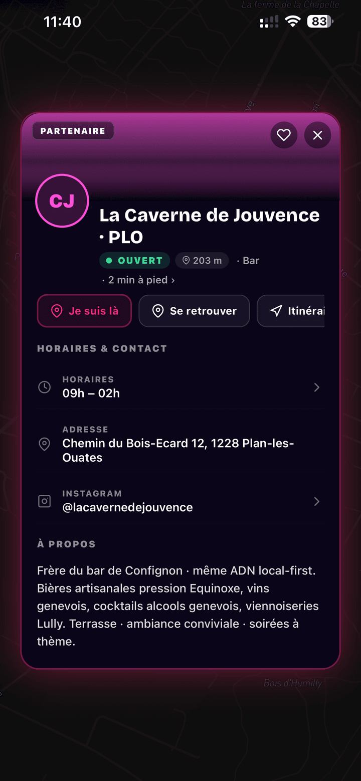 Fiche lieu partenaire NoctiPulse : badge PARTENAIRE, état Ouvert, horaires, adresse, Instagram et actions Je suis là / Se retrouver / Itinéraire
