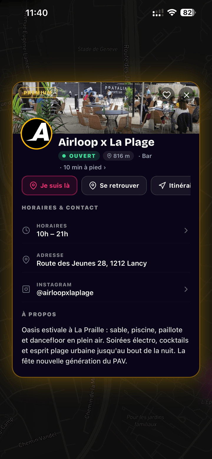 Fiche du lieu Airloop x La Plage dans NoctiPulse : anneau premium doré, photos de la terrasse, statut Ouvert, horaires, adresse à Lancy et boutons Je suis là, Se retrouver, Itinéraire