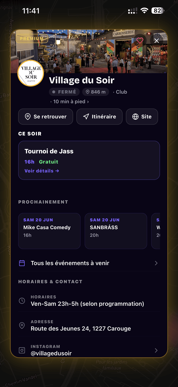 Fiche du Village du Soir dans NoctiPulse : anneau premium doré, photos du lieu, événement Ce soir Tournoi de Jass à 16h, dates à venir, horaires et adresse à Carouge