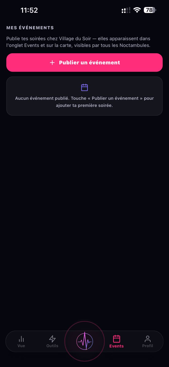 Espace organisateur NoctiPulse : section « Mes événements » avec le bouton « Publier un événement » pour diffuser une soirée
