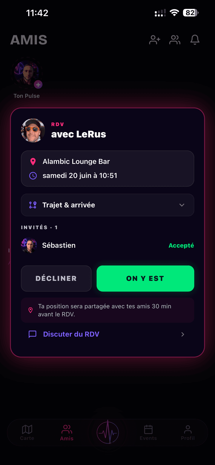 Écran RDV de NoctiPulse : rendez-vous avec LeRus à l'Alambic Lounge Bar samedi 20 juin, invité accepté, boutons Décliner et On y est