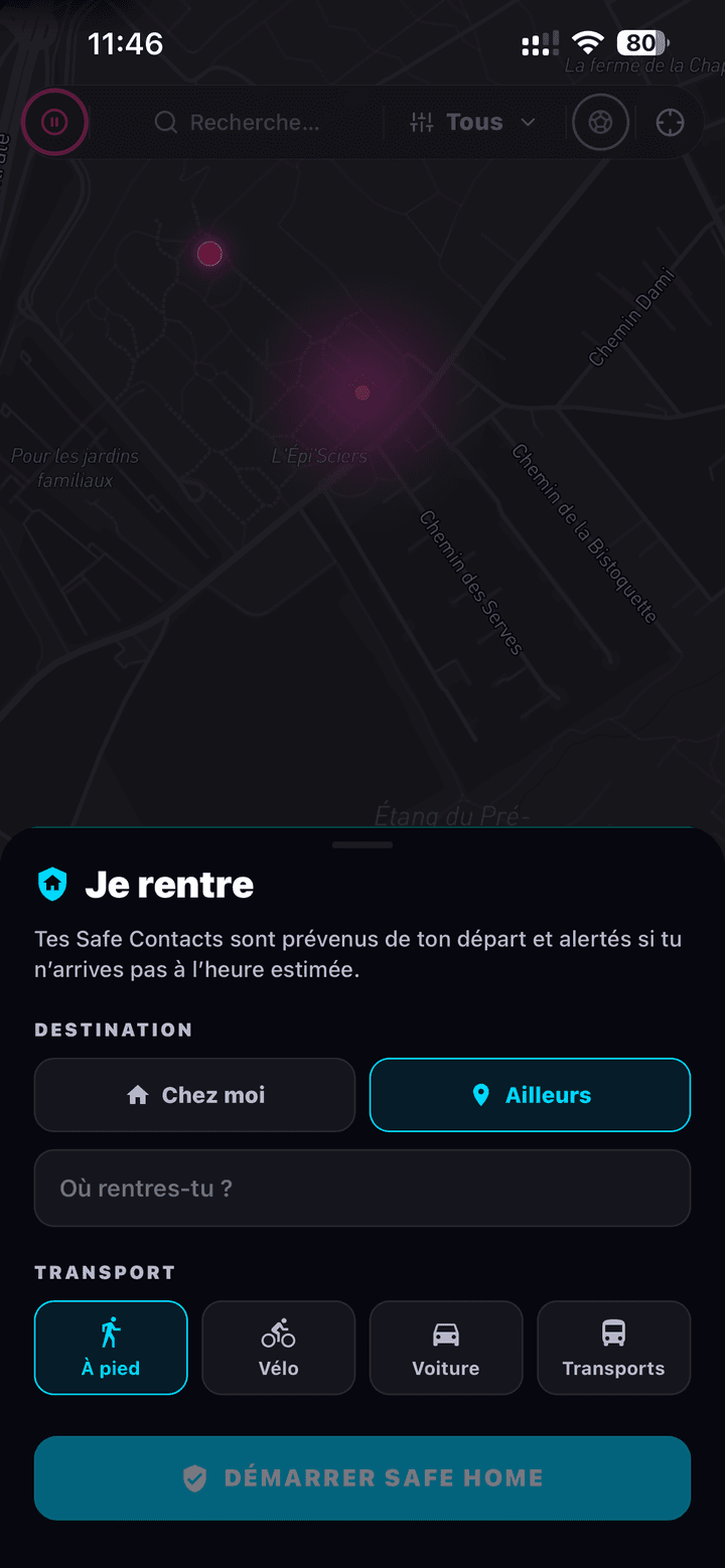Écran Safe Home « Je rentre » de NoctiPulse : choix de la destination Chez moi ou Ailleurs, modes de transport à pied, vélo, voiture, transports, et bouton Démarrer Safe Home