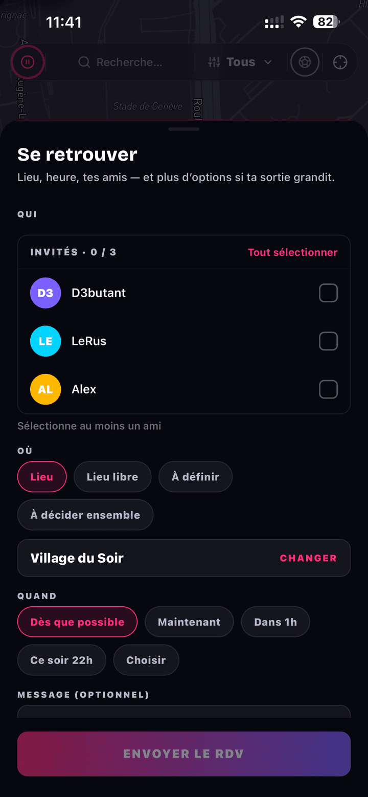 Écran Se retrouver de NoctiPulse : sélection des invités D3butant, LeRus, Alex, choix du lieu Village du Soir, du moment, et bouton Envoyer le RDV